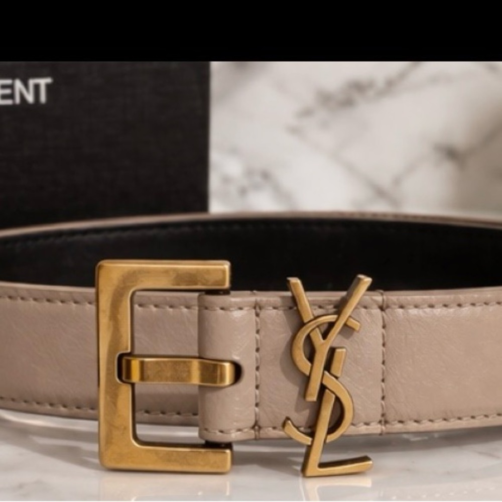 Saint Laurent YSL Cassandre Square Buckle Belt Beige Calfskin Italy — AUTHENTIC - Picture 12 of 12
